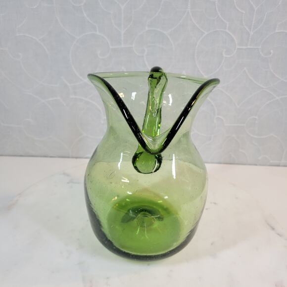 VTG Slung Glass Pitcher 7.25" Green Hand Blown Bubbles Wide Ribbon Mouth Handle - Picture 4 of 16